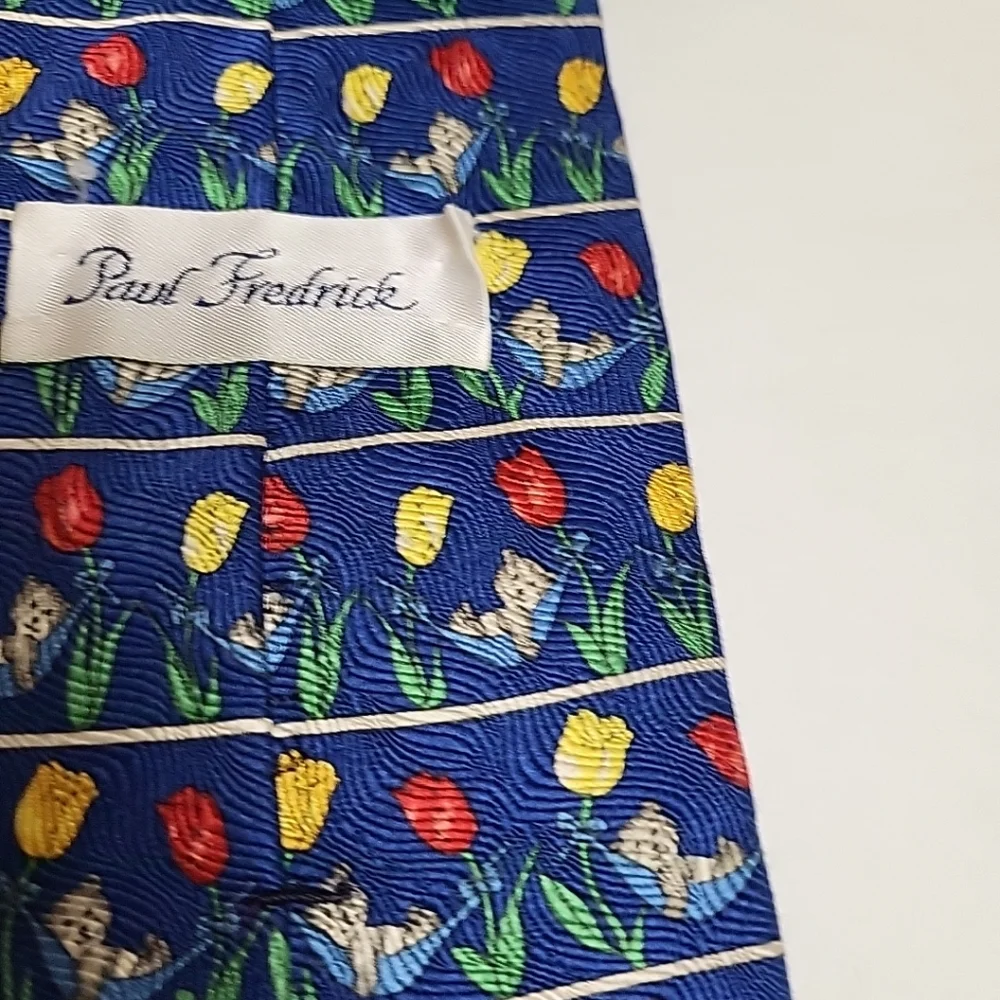 PAUL FREDRICK Bear in a Hammock Floral Tulip Blue Men's 100Italian Silk Neck Tie